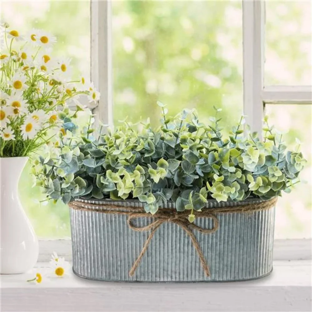 Artificial eucalyptus arrangement rustic galvanized planter farmhouse table deco